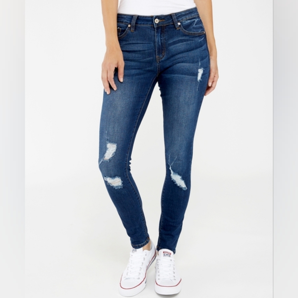 Kancan Holly Skinny Jeans Mid Rise Stretchy Denim Distressed Casual Dark Wash